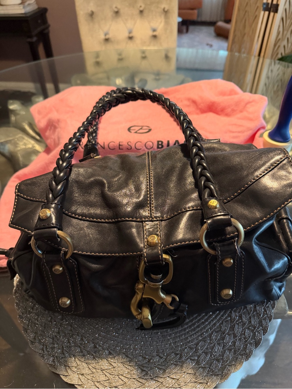 Francesco Biasia Black Leather Braided-Handle Shoulder Bag